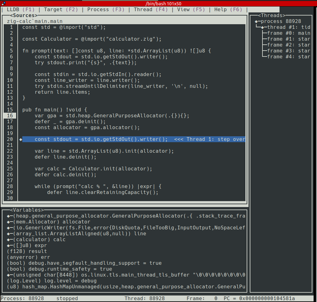 Debugging a Zig program with LLDB - Screenshot