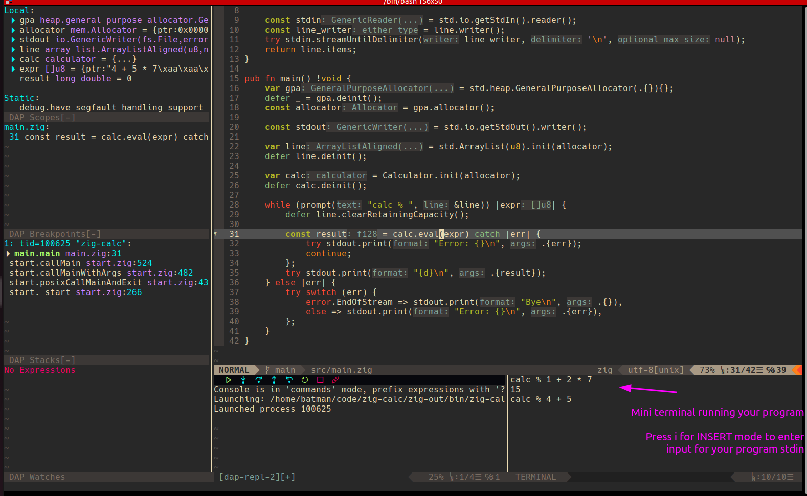 Debugging a Zig program with Neovim DAP + adapters - Screenshot